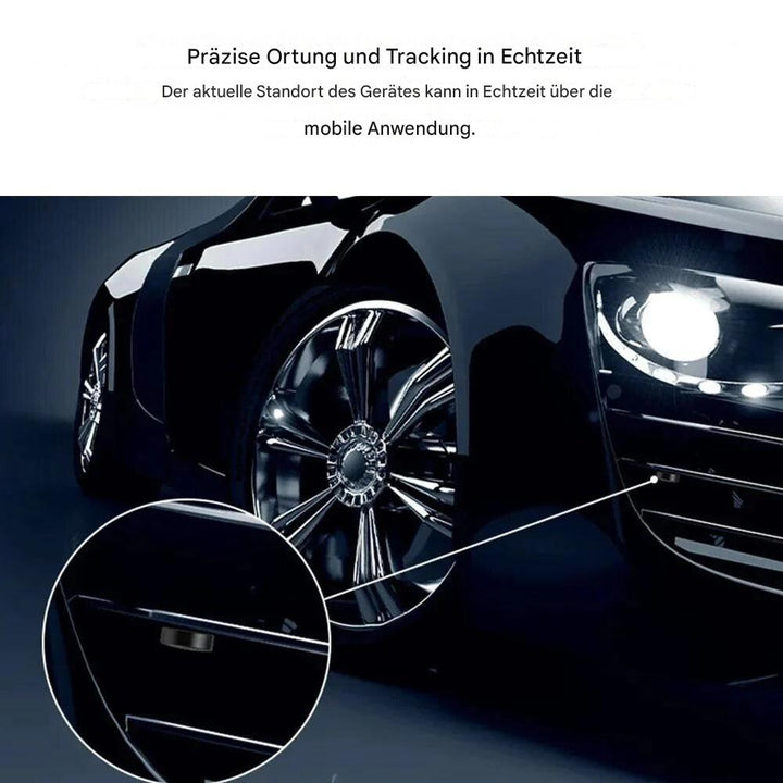 Schwarzes Auto mit glänzenden Felgen, Nahaufnahme, präzise Ortung und Tracking in Echtzeit.