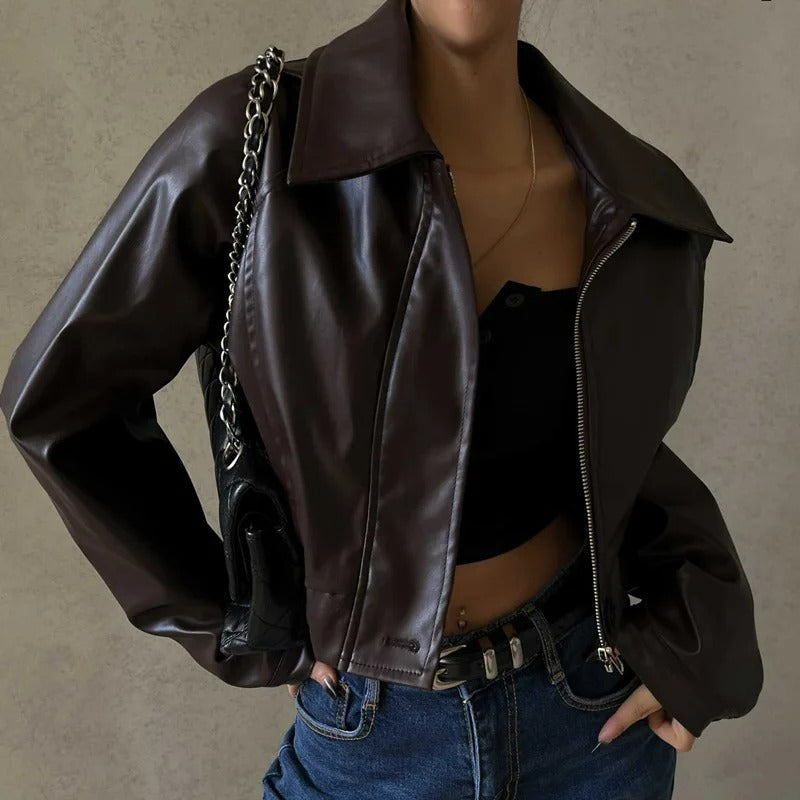Brown PU leather women's summer jacket with lapel collar – Rivka