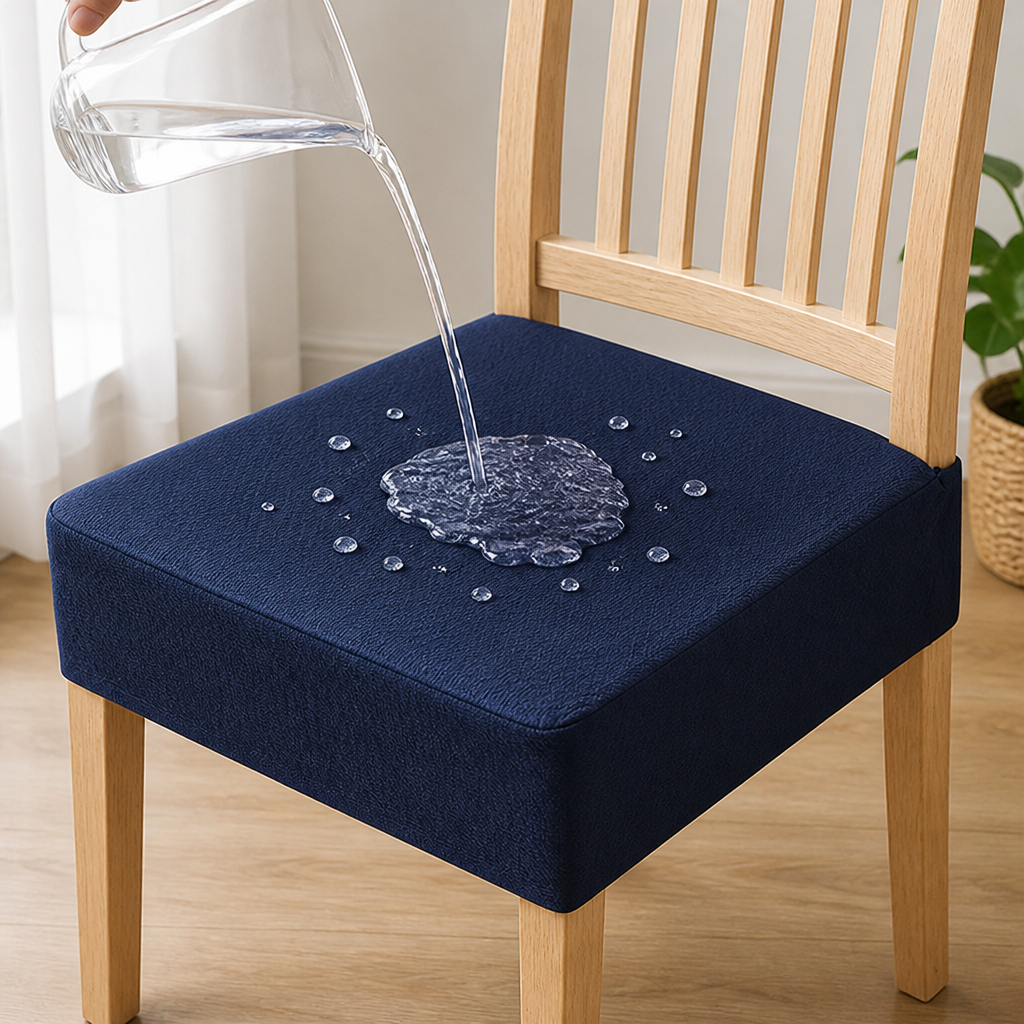 Wasser wird auf einen marineblauen Sitzbezug gegossen und perlt in Tropfen ab, was die wasserabweisende Oberfläche zeigt. 15