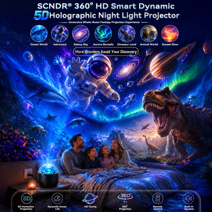 Familie liegt im Bett unter einer projizierten Fantasiewelt mit Astronaut, Wal, Dinosaurier und Polarlicht; links unten der Projektor an der Steckdose. 1