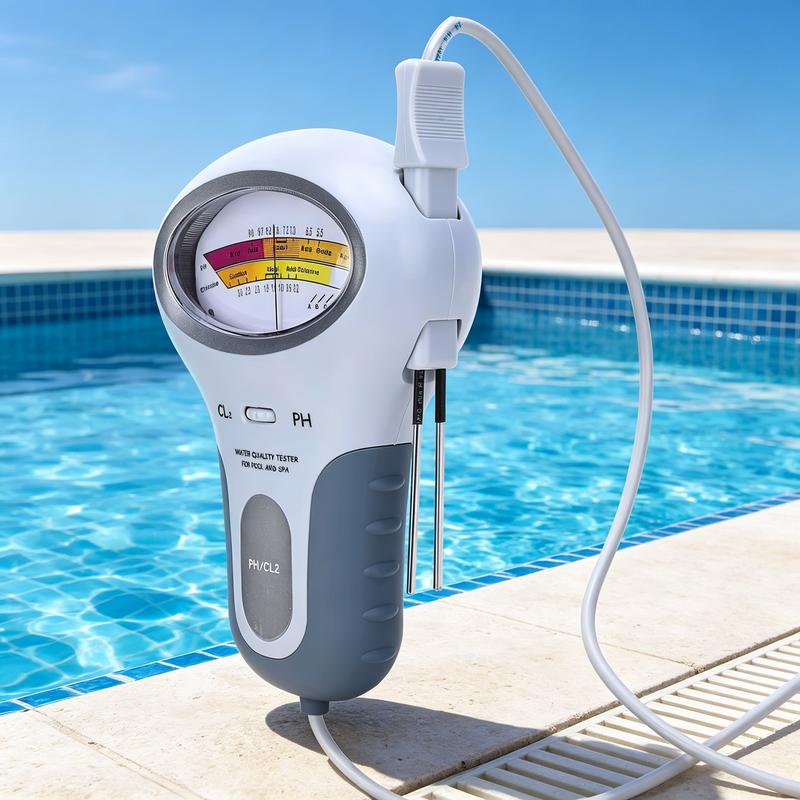 Schräge Ansicht des Messgeräts mit am Gehäuse eingeklinkter Doppelsonde und weißem Kabel neben dem Pool. 4