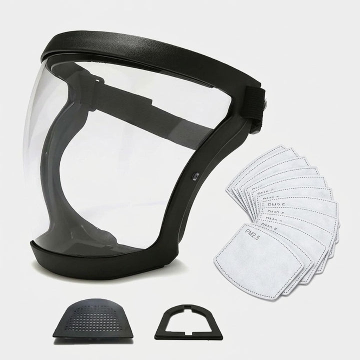 Schwarze Vollgesichtsmaske mit klarem Visier, daneben ein Stapel Ersatzfilter sowie zwei schwarze Zubehörteile für den Filtereinsatz. 5