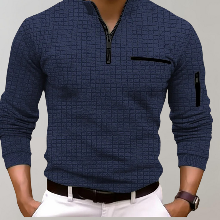 Herren-Poloshirt, blau, Langarm, Reißverschluss, kariertes Muster, Freizeitmode.