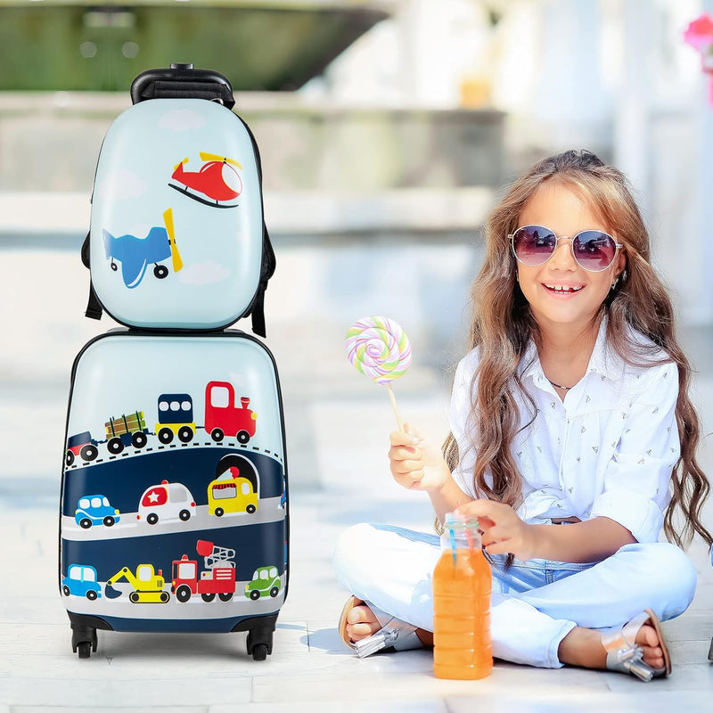 Children's 2-piece hard shell luggage set and backpack with 360° wheels – Helicopter