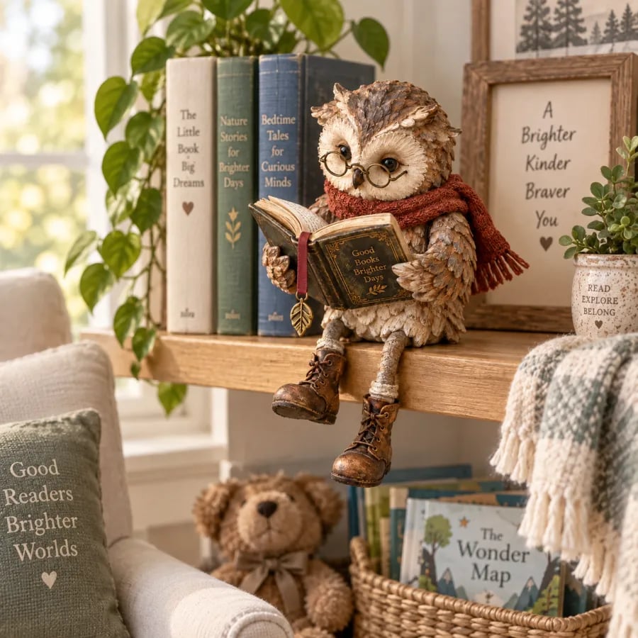 Die Eule sitzt auf einem Holzregal vor einer Buchreihe im Kinderzimmer, darunter ein Teddybär und ein Korb mit Büchern. 9