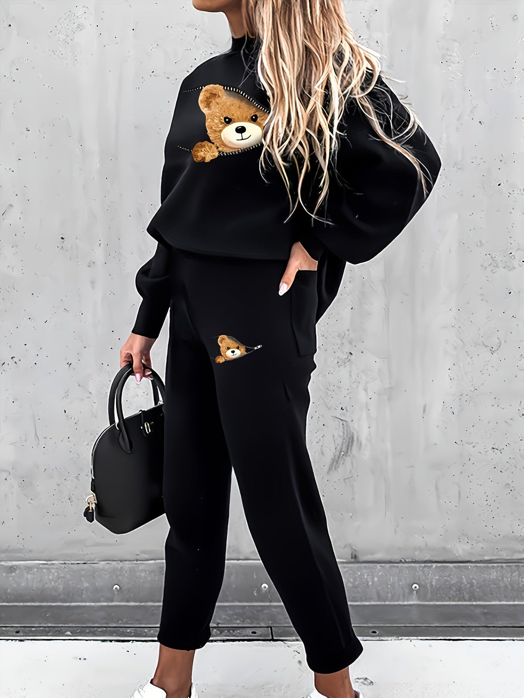 Casual Two-Piece Outfit with Cute Bear Print - Mila