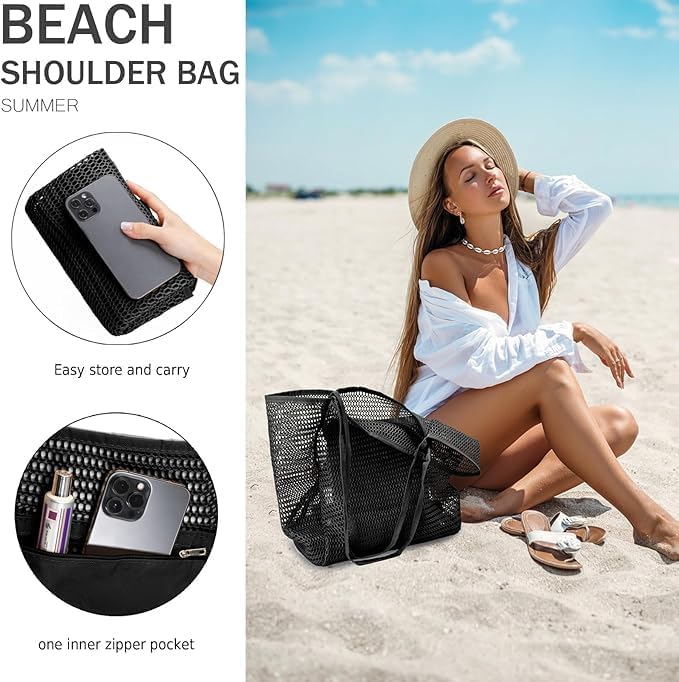 Foldable mesh beach bag with inner pocket