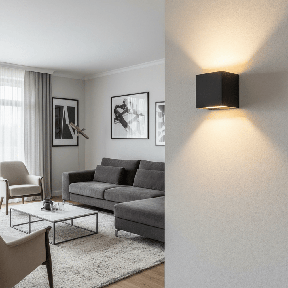 Schwarze Würfel-Wandleuchte im Großformat an einer Wand, im Hintergrund ein Wohnzimmer mit grauem Sofa, Sessel und gerahmten Bildern. 2