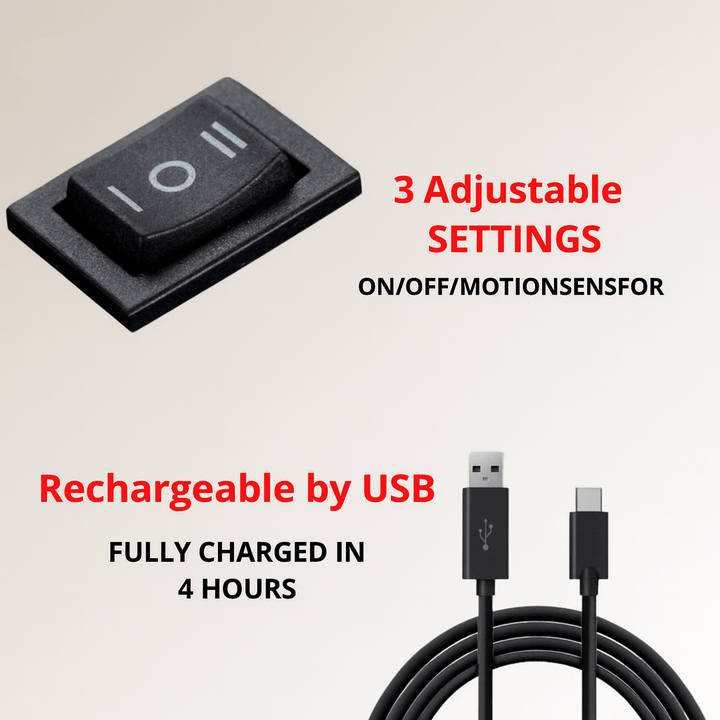 Nahaufnahme des dreistufigen Wippschalters und eines schwarzen USB-Ladekabels, dazu Hinweise auf drei Einstellungen und Aufladung per USB. 6