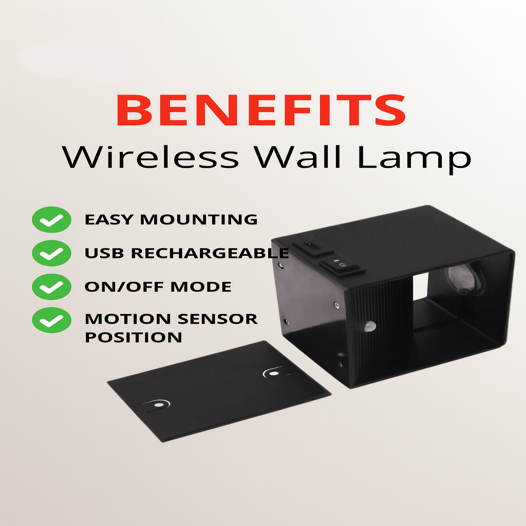 Schwarzes Leuchtengehäuse mit separater Wandhalterung, daneben eine Liste der Vorteile wie einfache Montage, USB-Aufladung und Bewegungssensor. 7
