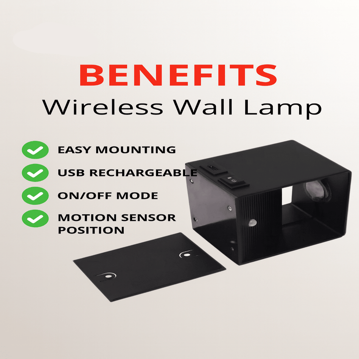 Schwarzes Leuchtengehäuse mit separater Wandhalterung, daneben eine Liste der Vorteile wie einfache Montage, USB-Aufladung und Bewegungssensor. 7