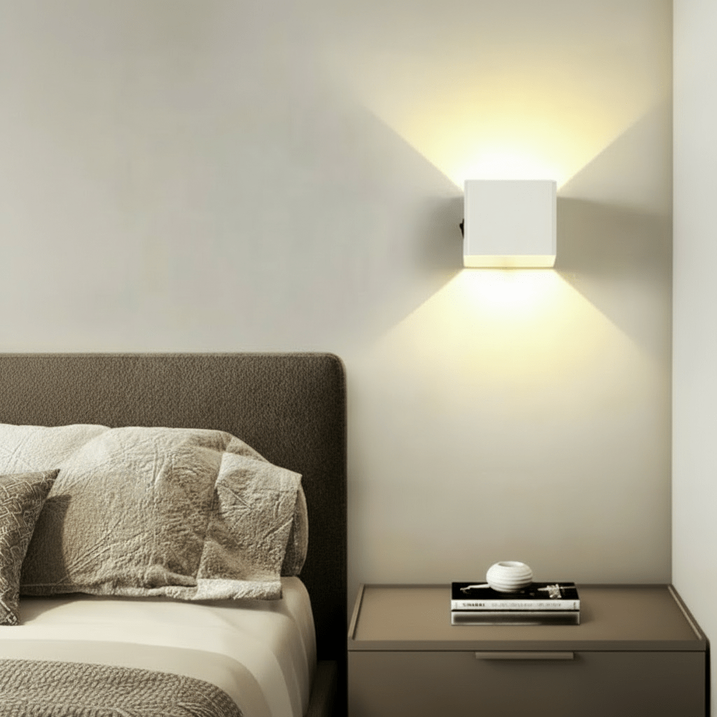 Weiße Würfel-Wandleuchte über einem Nachttisch neben dem Bett, das warme Licht strahlt nach oben und unten. 3