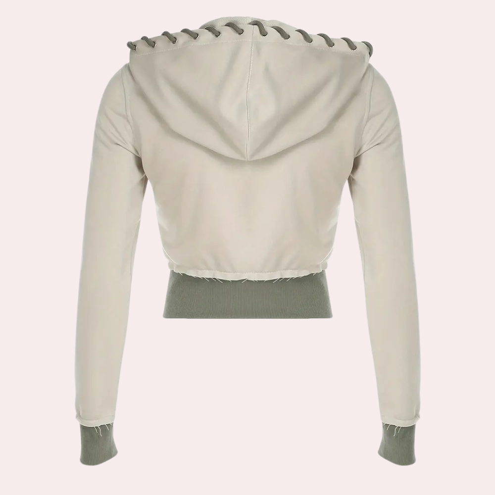 Beige Damen-Kapuzenjacke, langärmelig, mit grauen Details, modisch, bequem, Freizeitkleidung.