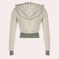 Beige Damen-Kapuzenjacke, langärmelig, mit grauen Details, modisch, bequem, Freizeitkleidung.