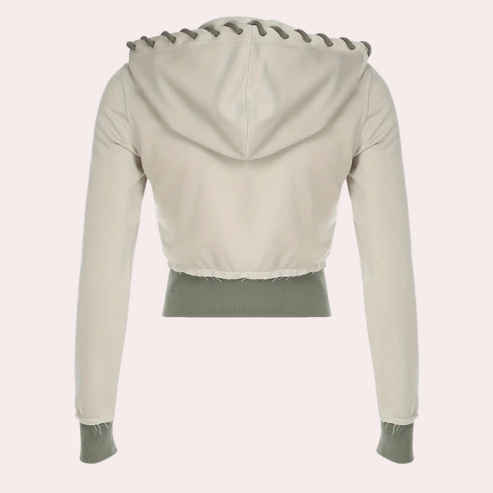Beige Damen-Kapuzenjacke, langärmelig, mit grauen Details, modisch, bequem, Freizeitkleidung.