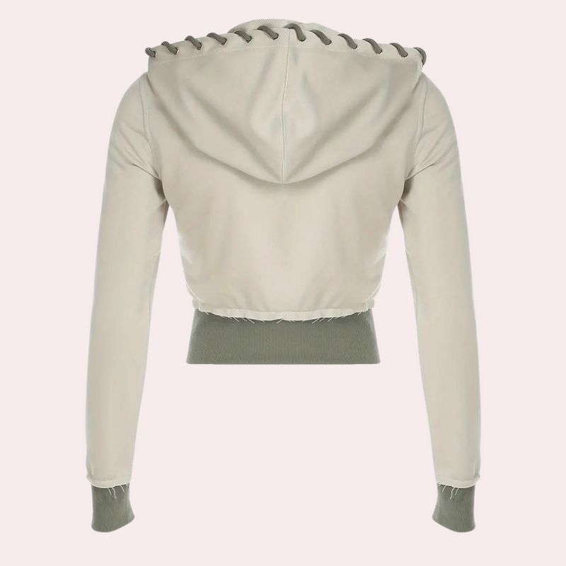 Beige Damen-Kapuzenjacke, langärmelig, mit grauen Details, modisch, bequem, Freizeitkleidung.