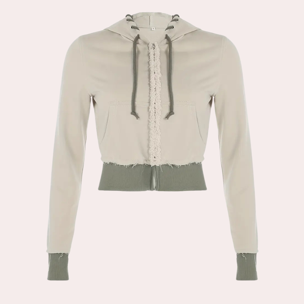 Beige Damen-Hoodie mit Kapuze, Kordelzug und Taschen, modisch und bequem.