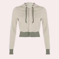Beige Damen-Hoodie mit Kapuze, Kordelzug und Taschen, modisch und bequem.