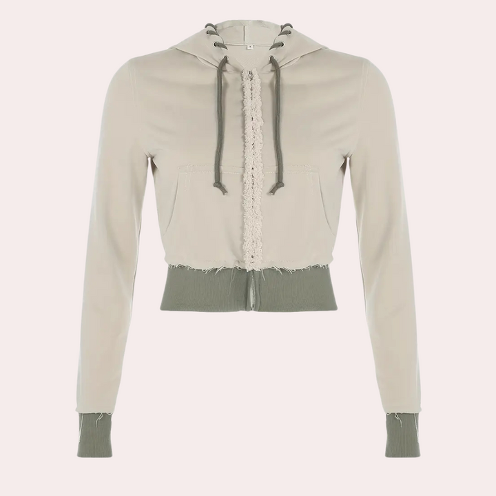Beige Damen-Hoodie mit Kapuze, Kordelzug und Taschen, modisch und bequem.