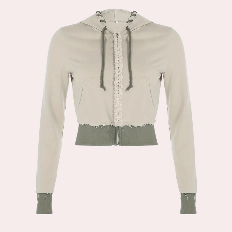 Beige Damen-Hoodie mit Kapuze, Kordelzug und Taschen, modisch und bequem.