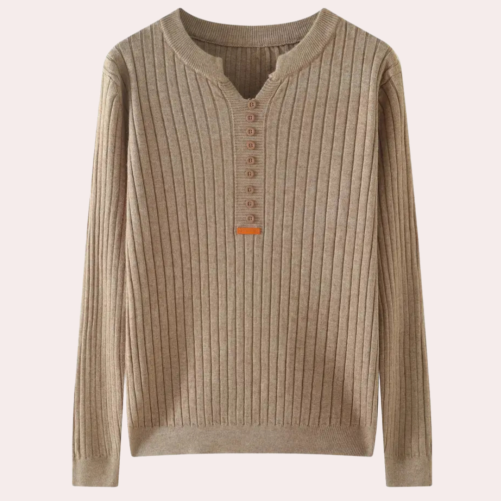 Beiger Strickpullover aus Baumwolle, gerippte Struktur, Knopfleiste, Herrenmode, Herbstbekleidung.