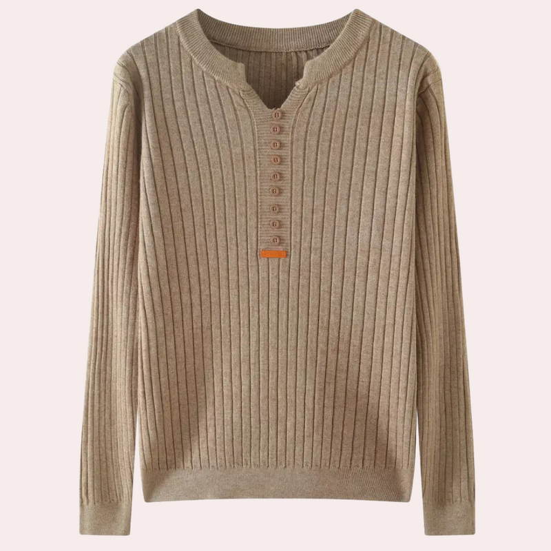 Beiger Strickpullover aus Baumwolle, gerippte Struktur, Knopfleiste, Herrenmode, Herbstbekleidung.
