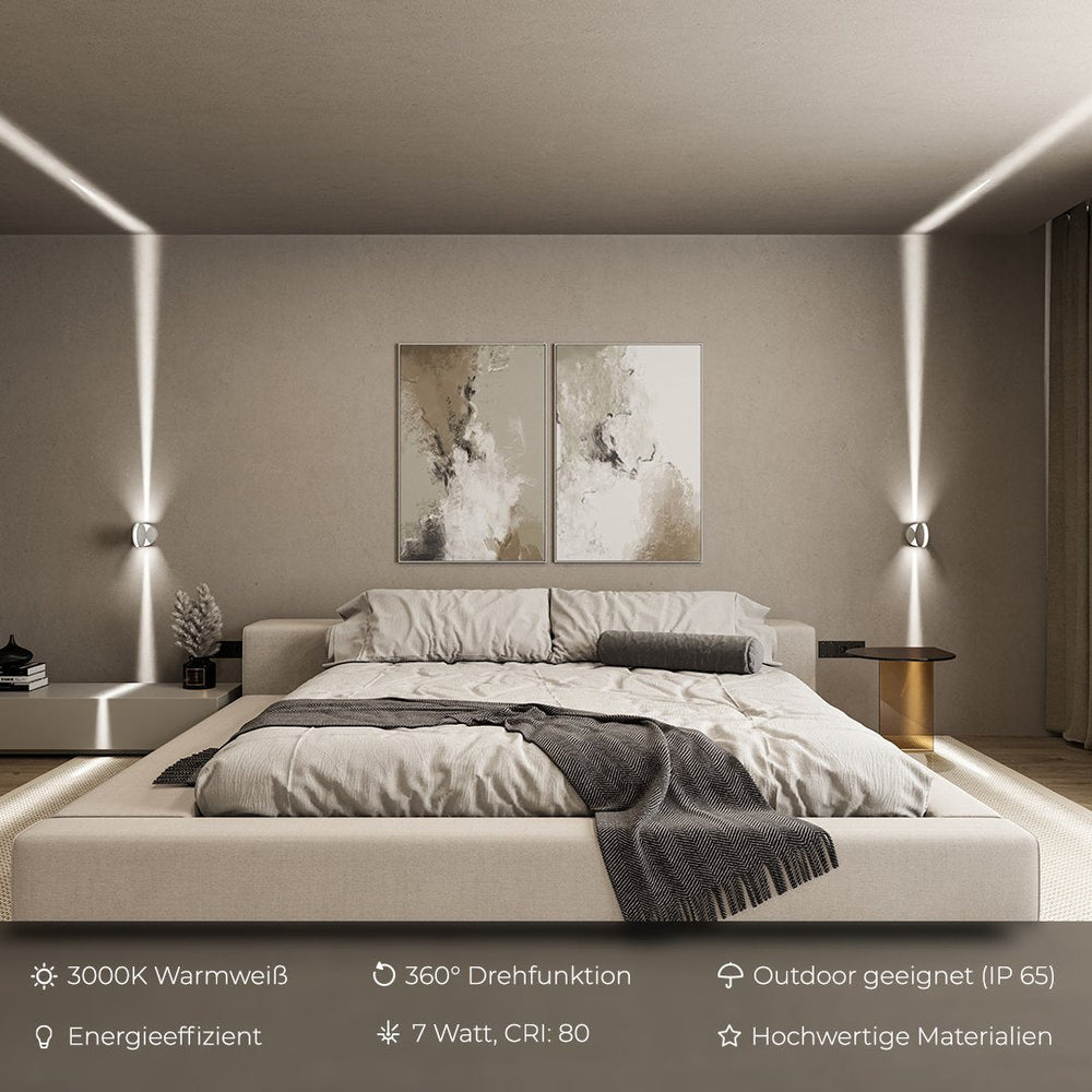 Zwei Wandleuchten neben dem Bett in einem Schlafzimmer werfen vertikale Lichtstrahlen, darunter eine Leiste mit Leistungsmerkmalen. 2