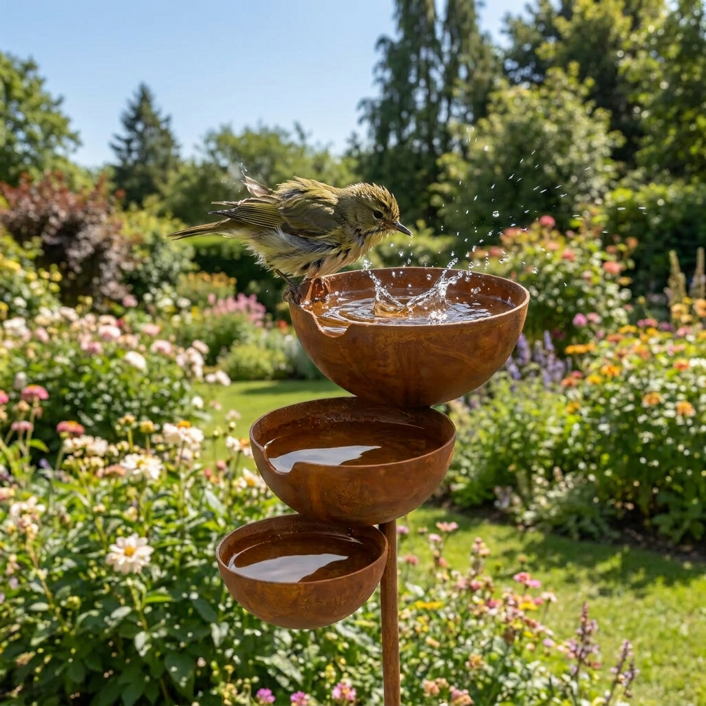Ein Vogel badet spritzend in der obersten Rostschale vor einem blühenden Gartenbeet 1