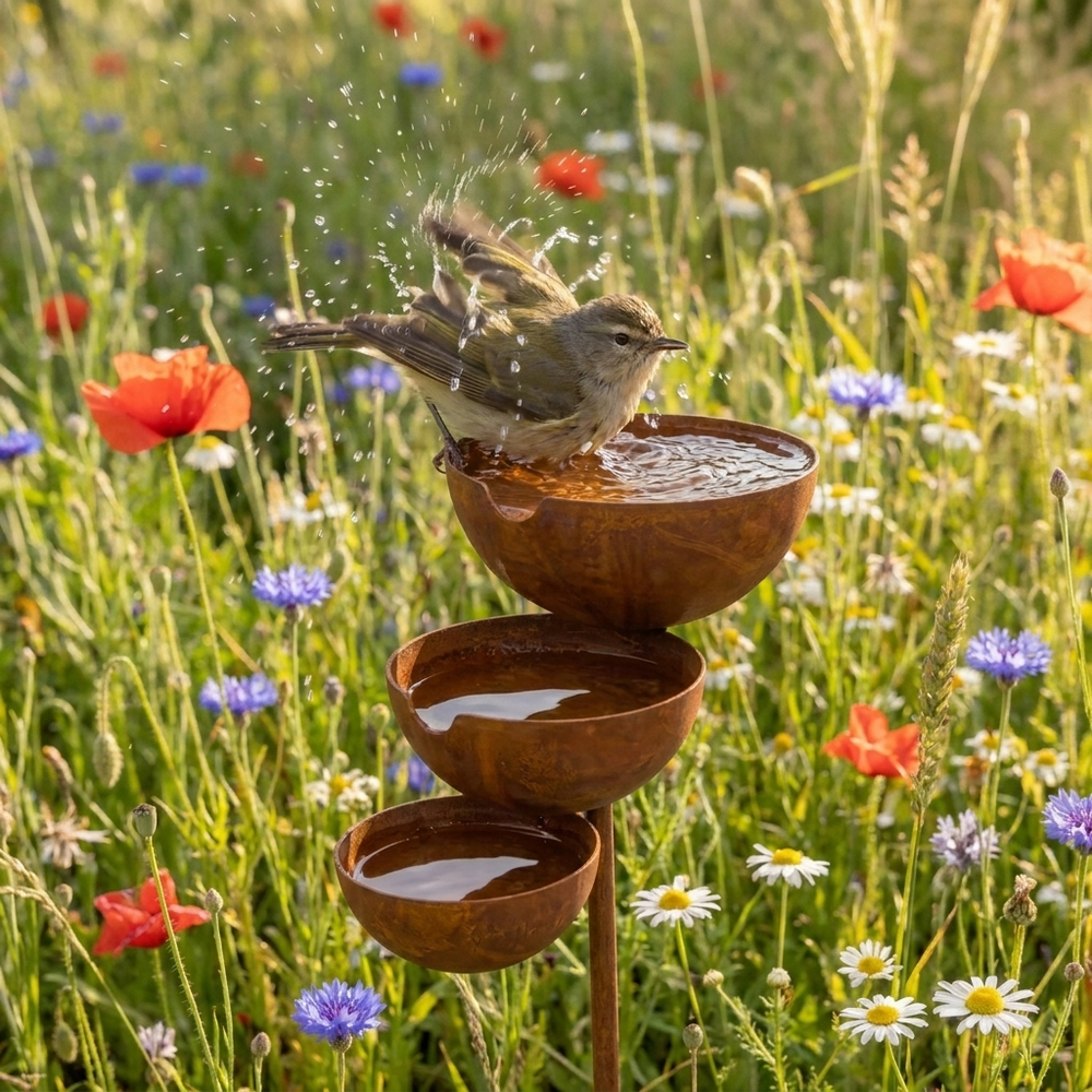 Ein Vogel schüttelt sich in der oberen Schale, umgeben von Mohn- und Kornblumenwiese 2