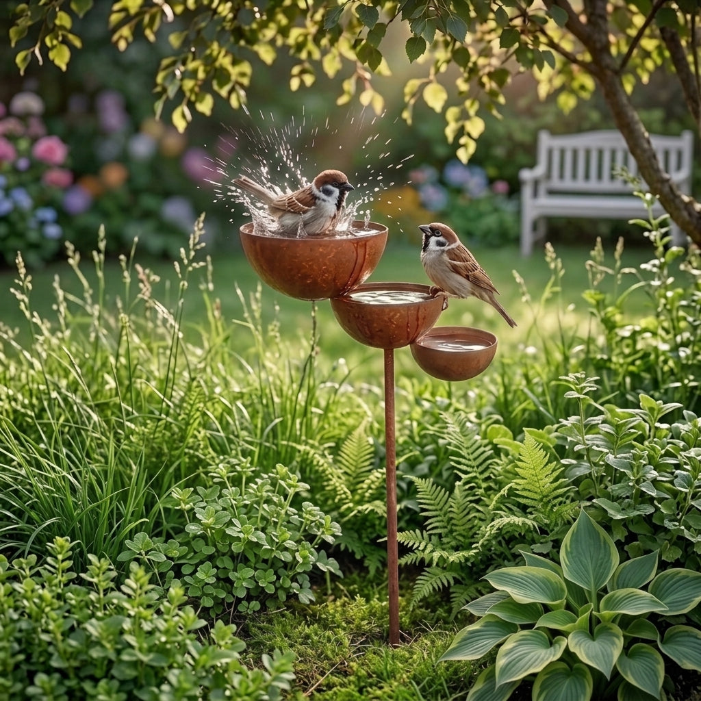 Zwei Spatzen an den rostbraunen Schalen, einer badet, im Hintergrund eine weiße Gartenbank 3