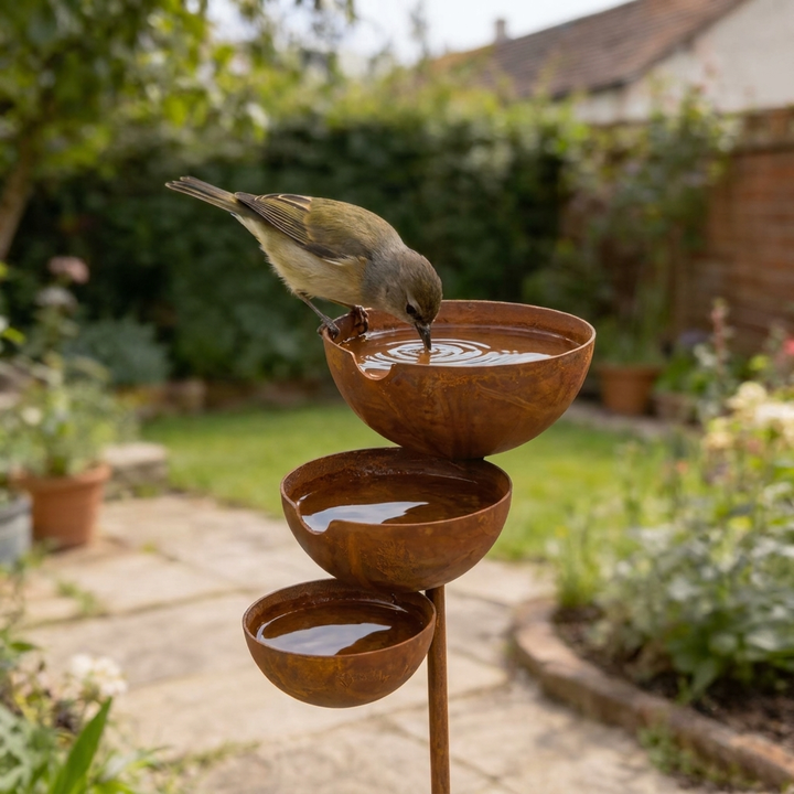 Ein kleiner Vogel beugt sich zum Trinken über die oberste Schale, im Hintergrund ein Gartenweg 7