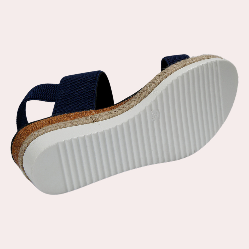 Blaue Sandale mit weißer Sohle, Damenmode, Sommer, bequem, rutschfest, Freizeitkleidung.