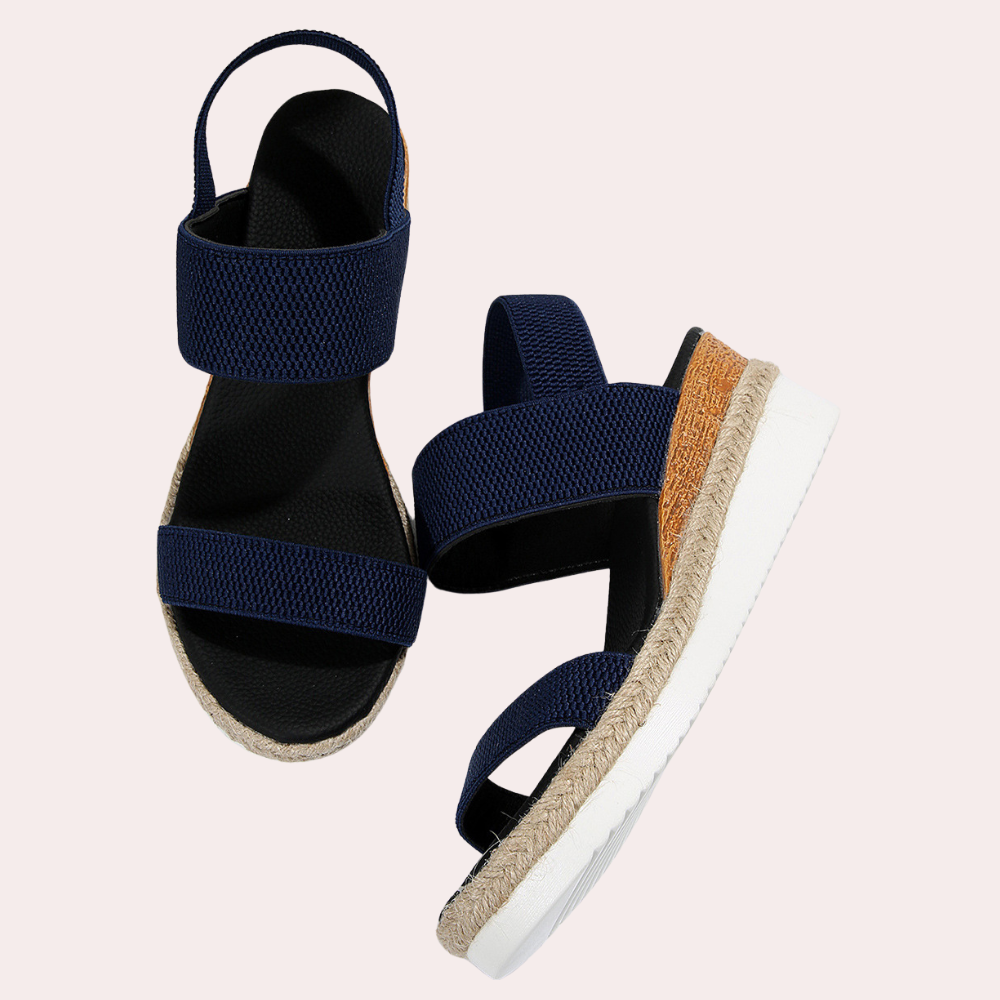 Blaue Damen-Sandalen mit Keilabsatz, elastischen Riemen, Jute-Sohle, modisch und bequem.