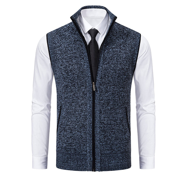 Blau-graue Herrenweste mit Reißverschluss, elegantes Design, ideal für formelle Anlässe.