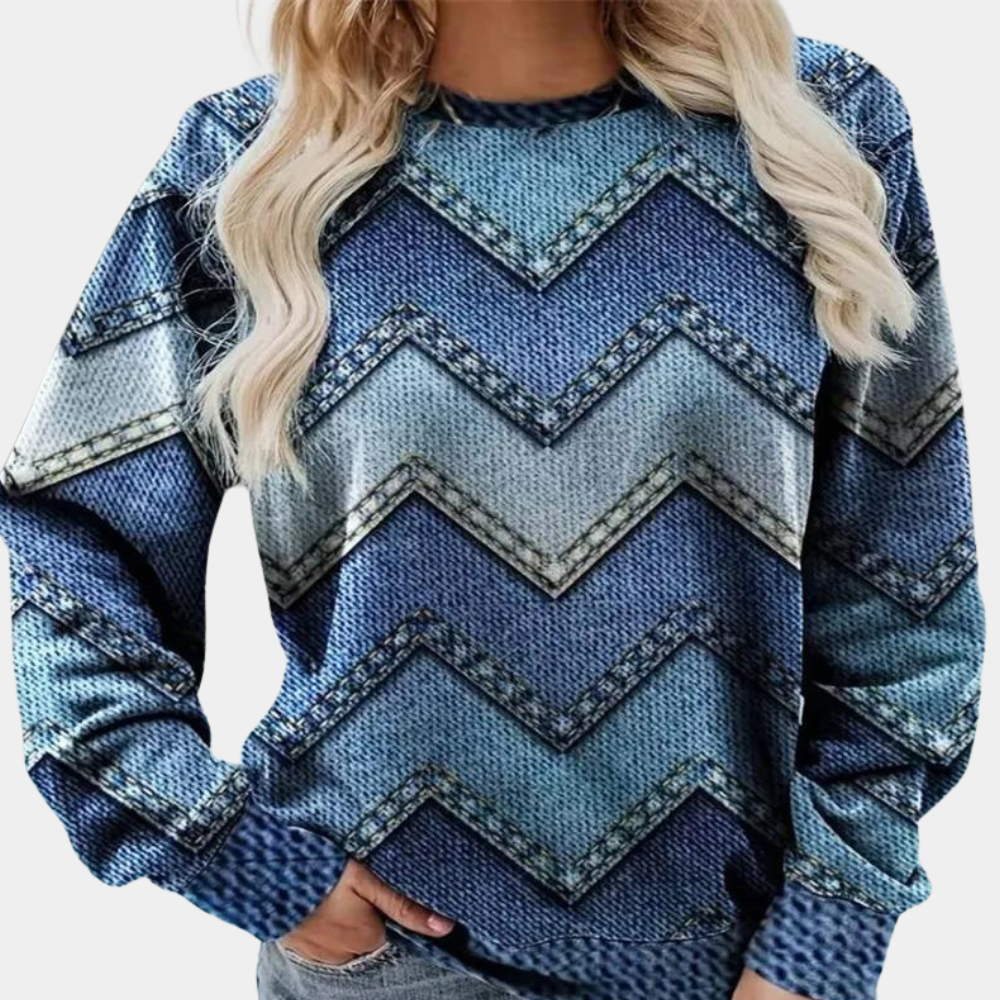 Damenpullover mit blauem Zickzackmuster, lässiger Stil, Langarm, Denim-Optik.