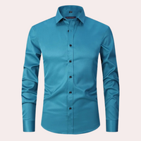 Blaues Herren-Stretchhemd, langärmelig, Knopfleiste, elegantes Design, Baumwolle.