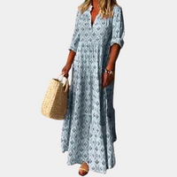 Damen Sommerkleid blau gemustert, V-Ausschnitt, 3/4-Ärmel, Strandmode, Baumwolle.