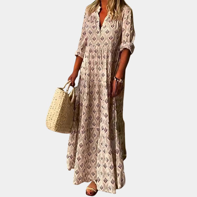 Damen Sommerkleid Braun, lang, gemustert, mit V-Ausschnitt, ideal für Freizeit und Strand.