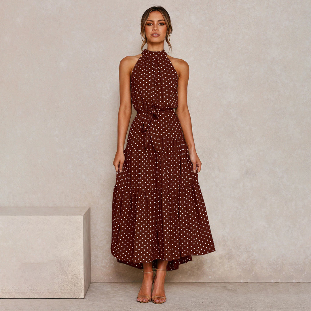 Braunes gepunktetes Maxikleid, ärmellos, elegantes Design, Damenmode, Sommerkleidung.