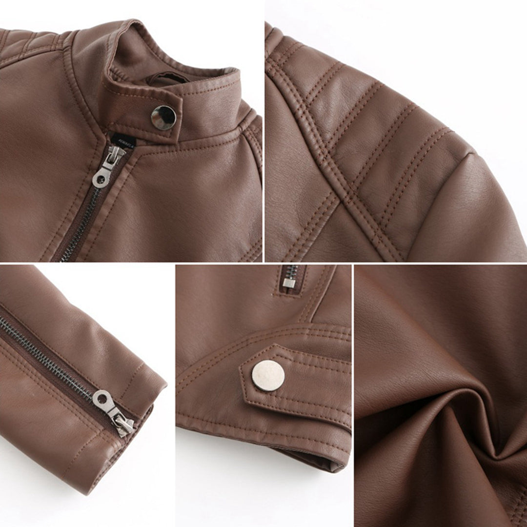 Braune Lederjacke für Damen, Reißverschluss, Stehkragen, modisch, hochwertig, Detailansicht.