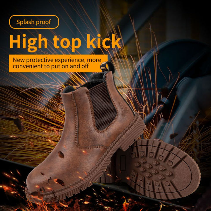 Braune Chelsea-Sicherheitsstiefel, spritzwassergeschützt, rutschfeste Sohle, robustes Design.