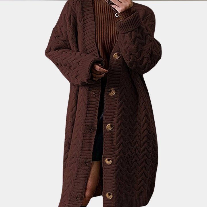 Brauner Strick-Cardigan mit Knöpfen, Damenmode, Herbst-Winter, gemütlich, langärmelig.