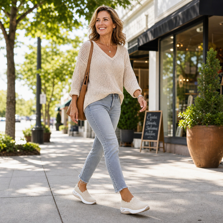 Frau in Strickpullover und grauer Jeans geht in beigen Slip-ons eine Einkaufsstraße entlang 7