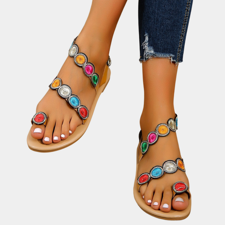 Bunte Damen-Sandalen mit Strasssteinen, flach, bequem, modisch, ideal für Sommer.