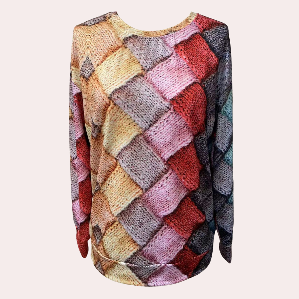 Bunter Strickpullover Damen, geometrisches Muster, Herbstmode, weiches Material, langärmelig