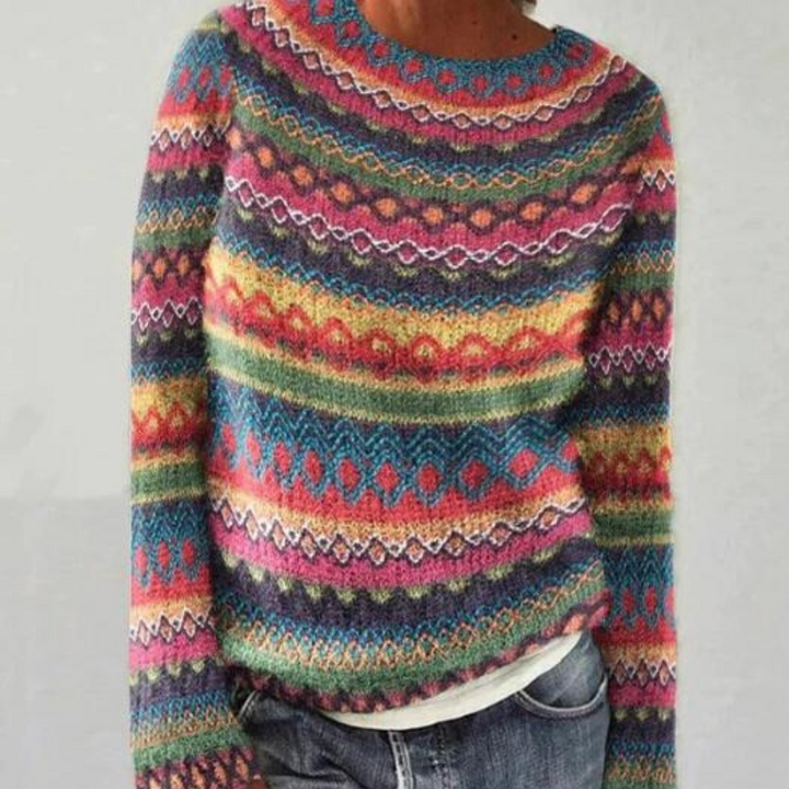 Bunter Damenpullover mit Norwegermuster, Strick, langärmelig, aus Wolle, modisch, warm.