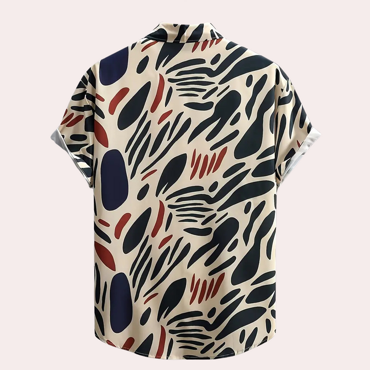Kurzarmhemd mit abstraktem Muster, beige, schwarz, rot, blau, Herrenmode, Sommerbekleidung.