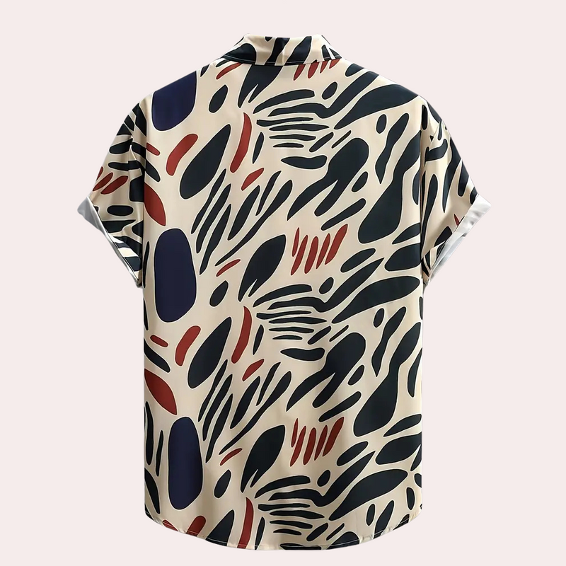 Kurzarmhemd mit abstraktem Muster, beige, schwarz, rot, blau, Herrenmode, Sommerbekleidung.