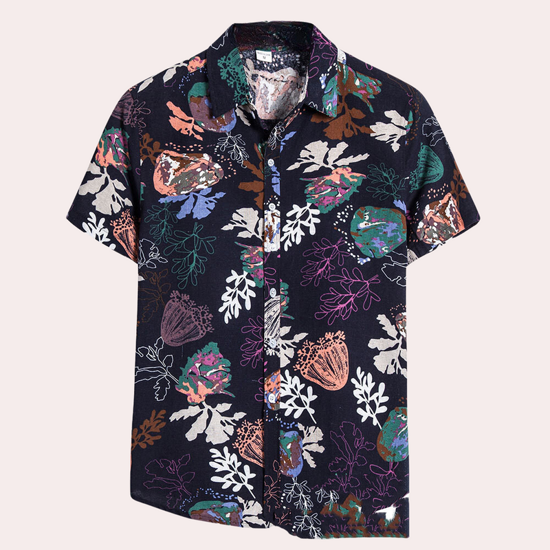 Kurzarmhemd mit buntem Blumenmuster auf schwarzem Hintergrund, ideal für Sommermode.