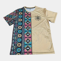 Beiges T-Shirt mit buntem, ethnischem Muster, Kurzarm, Unisex, Baumwolle, Freizeitmode.